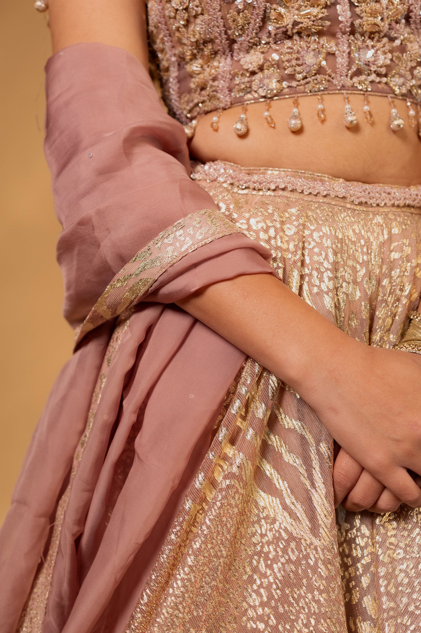 Blush Pink Sequin-Embroidered Cold-Shoulder Lehenga Set