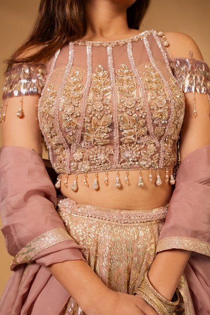 Blush Pink Sequin-Embroidered Cold-Shoulder Lehenga Set
