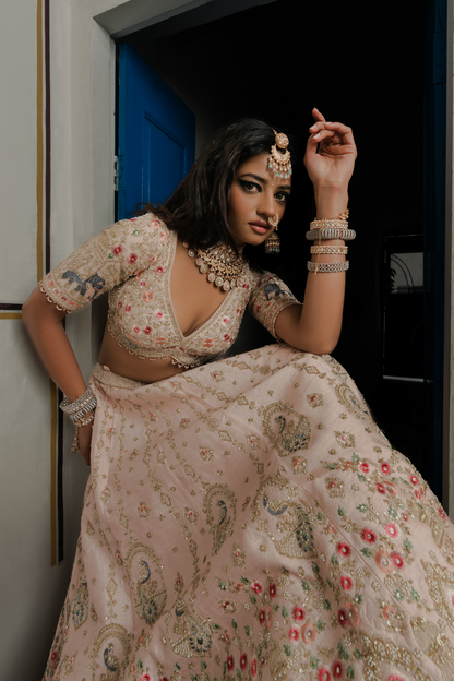 Blush Pink Silk Designer Lehenga with Zari & Resham Embroidery