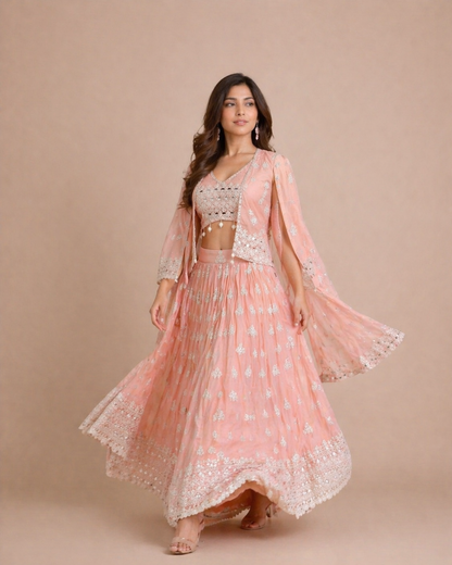 Blush Pink Threadwork Embroidered Lehenga Set with Jacket