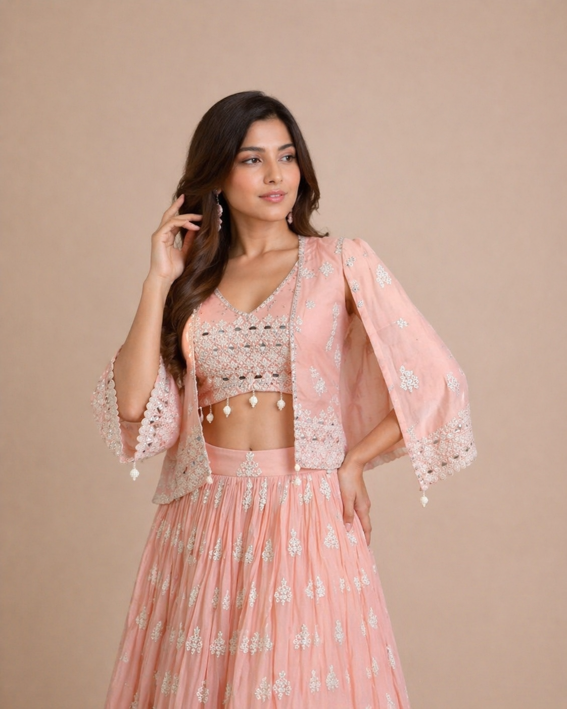 Blush Pink Threadwork Embroidered Lehenga Set with Jacket