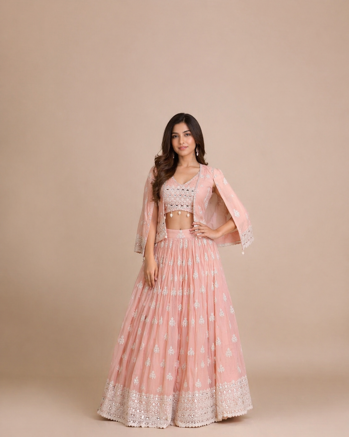 Blush Pink Threadwork Embroidered Lehenga Set with Jacket