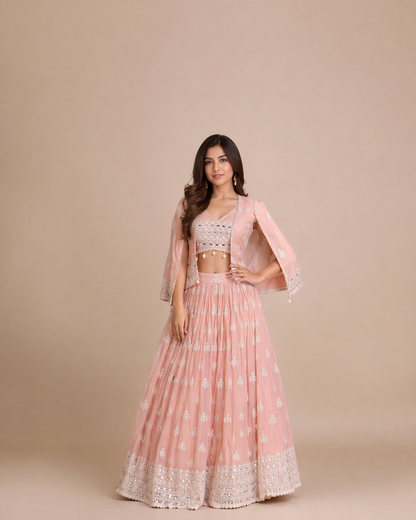 Blush Pink Threadwork Embroidered Lehenga Set with Jacket
