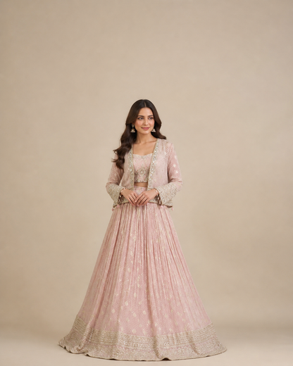 Blush Pink Zardozi Embroidered Lehenga Choli with Jacket
