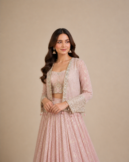Blush Pink Zardozi Embroidered Lehenga Choli with Jacket