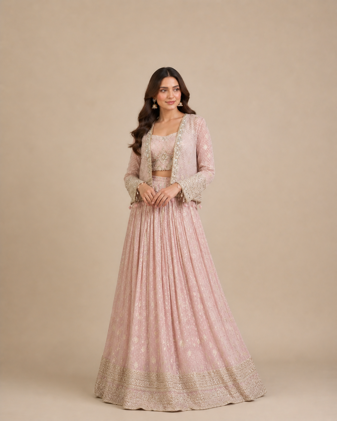 Blush Pink Zardozi Embroidered Lehenga Choli with Jacket