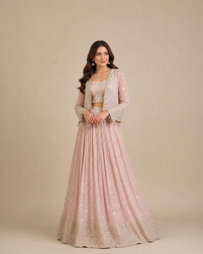 Blush Pink Zardozi Embroidered Lehenga Choli with Jacket
