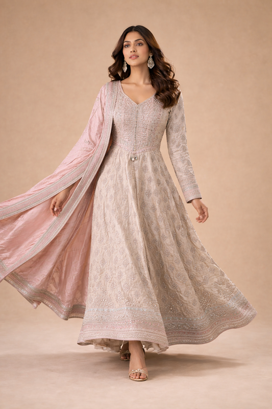 Blush Pink and Ivory Embroidered Anarkali Suit with Dupatta