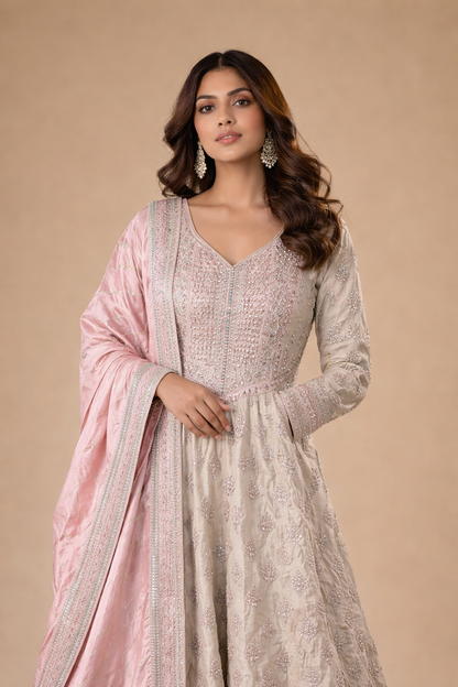 Blush Pink and Ivory Embroidered Anarkali Suit with Dupatta