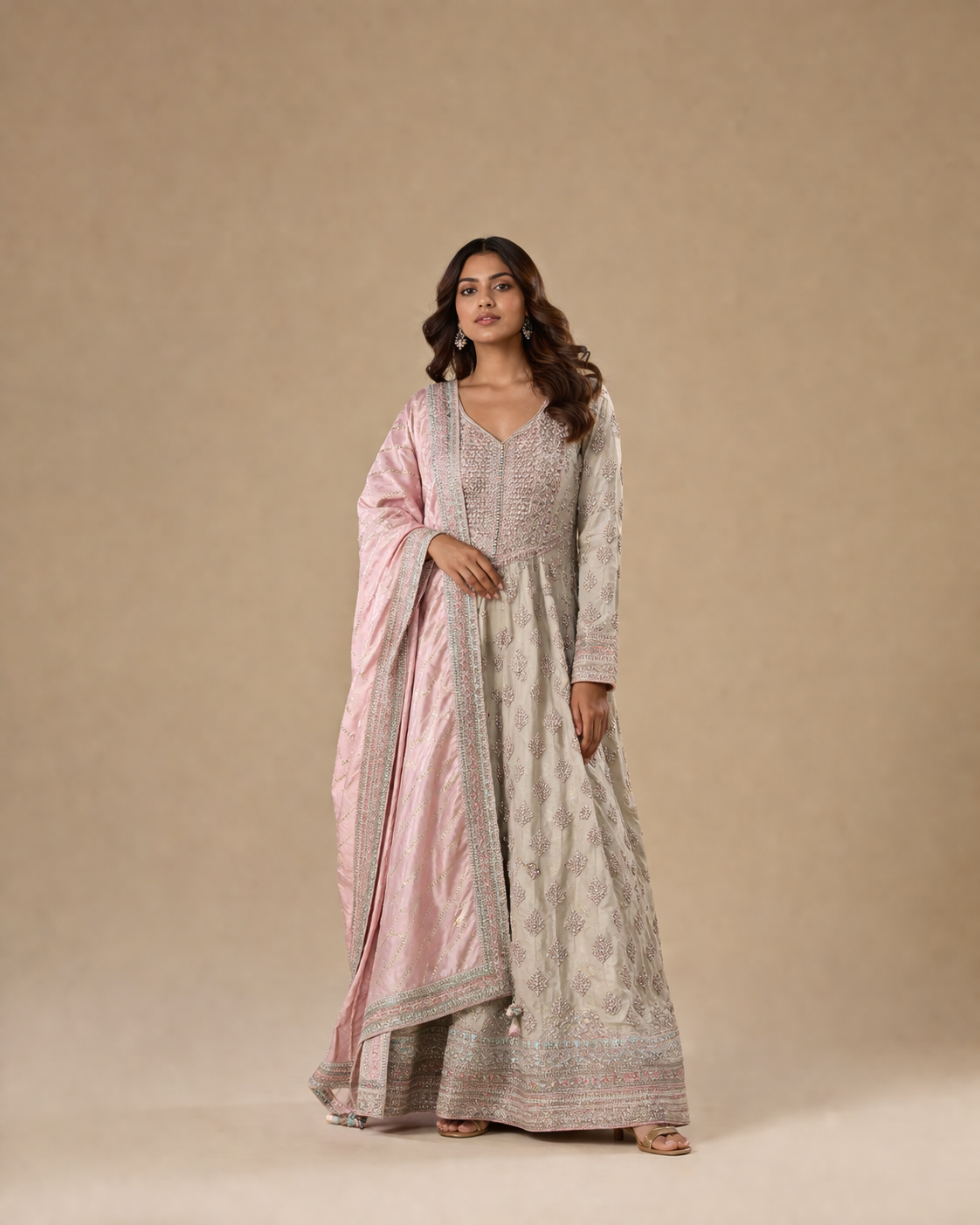 Blush Pink and Ivory Embroidered Anarkali Suit with Dupatta