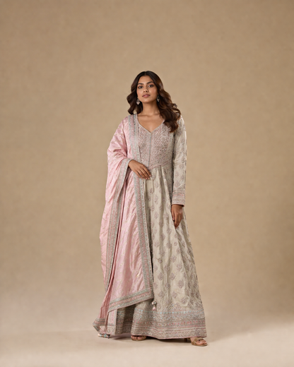 Blush Pink and Ivory Embroidered Anarkali Suit with Dupatta