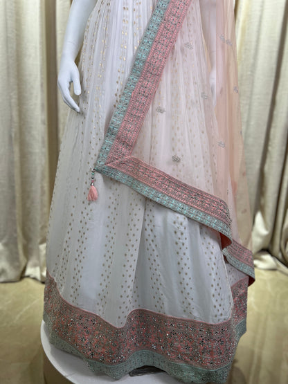 Blush Pink and White Mirror Work Anarkali Gown with Embroidered Dupatta