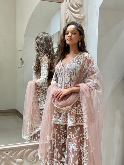 Blush Pink Net Sharara Set with White Thread & Sequin Work