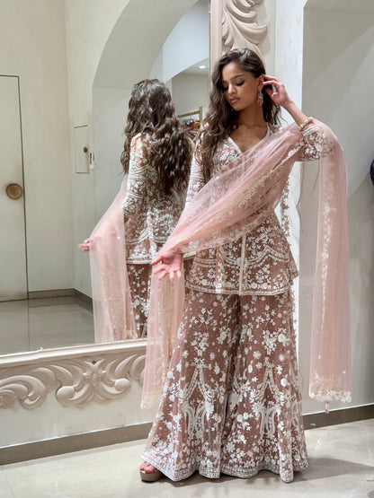 Blush Pink Net Sharara Set with White Thread & Sequin Work