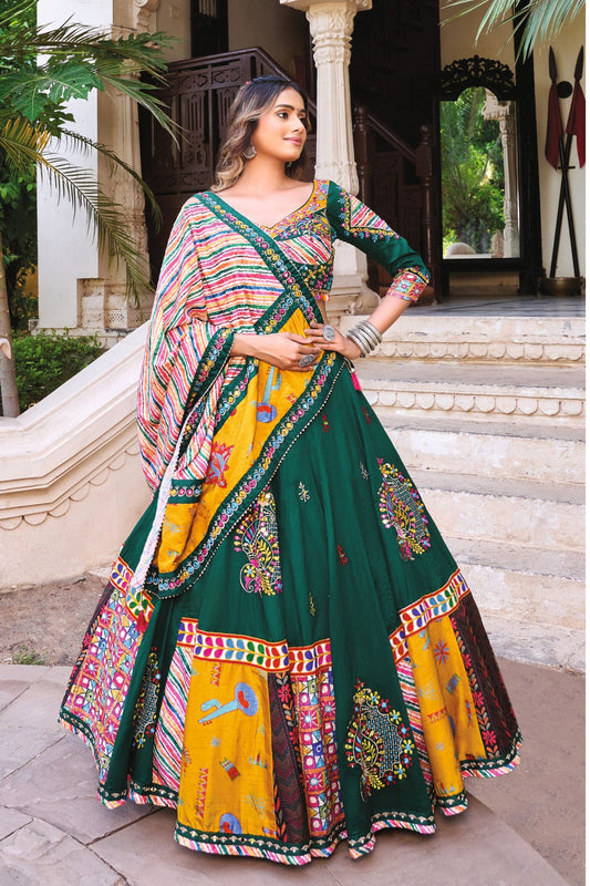 Bottle Green & Yellow Navratri Lehenga Choli