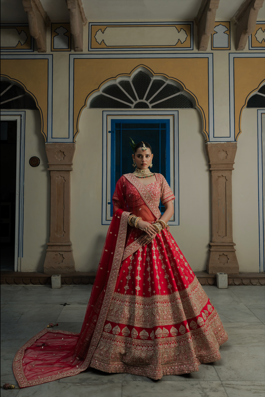 Bright Red Silk Bridal Lehenga with Sequins & Dori Embroidery