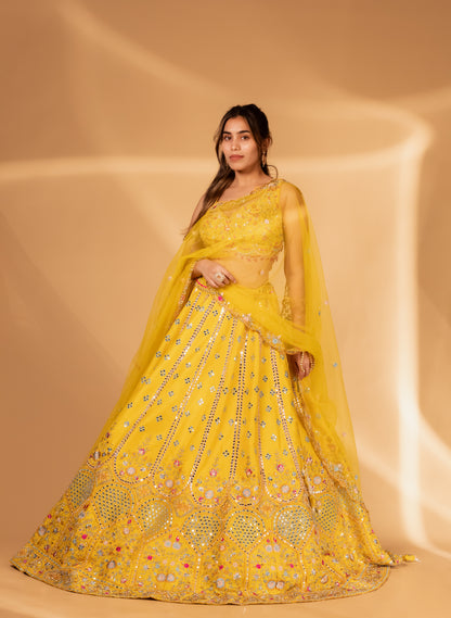 Bright Yellow Mirror-Work Lehenga Choli with Heavy Embroidered Detailing