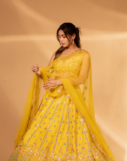 Bright Yellow Mirror-Work Lehenga Choli with Heavy Embroidered Detailing