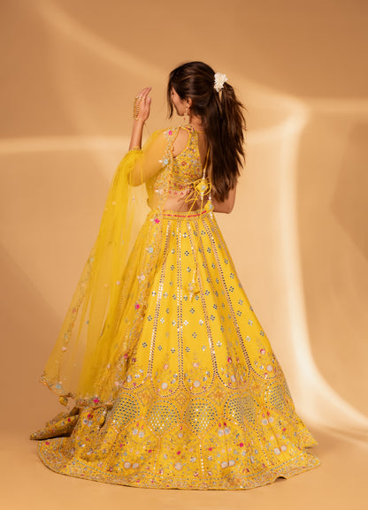Bright Yellow Mirror-Work Lehenga Choli with Heavy Embroidered Detailing