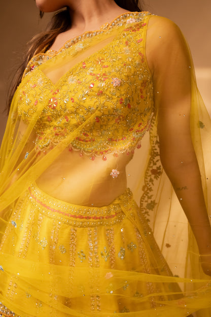 Bright Yellow Mirror-Work Lehenga Choli with Heavy Embroidered Detailing
