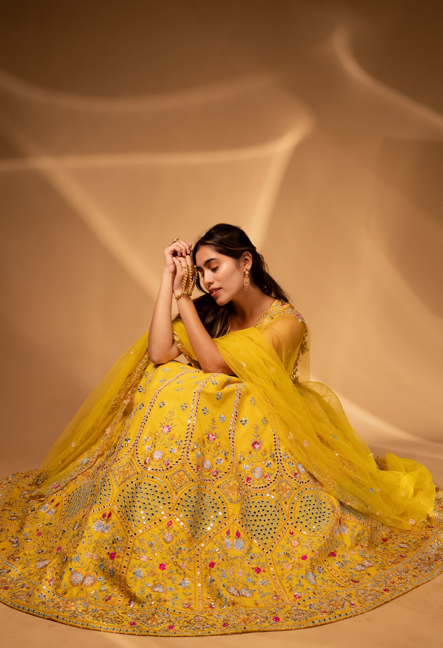 Bright Yellow Mirror-Work Lehenga Choli with Heavy Embroidered Detailing