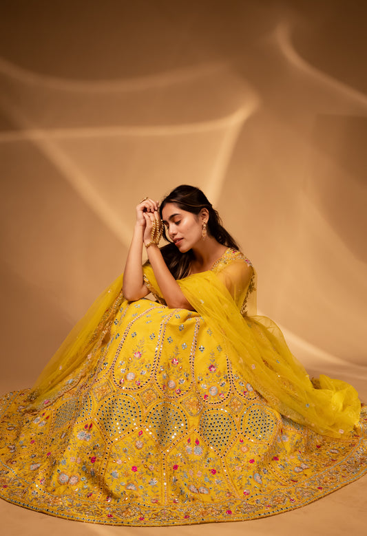 Bright Yellow Mirror-Work Lehenga Choli with Heavy Embroidered Detailing