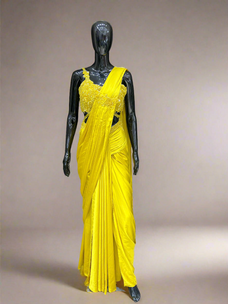 Bright Yellow Ruffle Blouse with Draped Saree Set