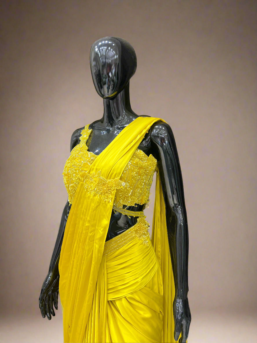 Bright Yellow Ruffle Blouse with Draped Saree Set