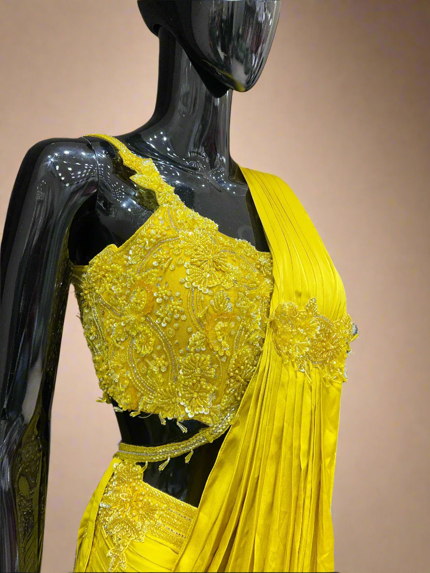 Bright Yellow Ruffle Blouse with Draped Saree Set