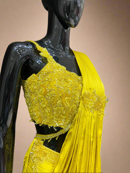 Bright Yellow Ruffle Blouse with Draped Saree Set