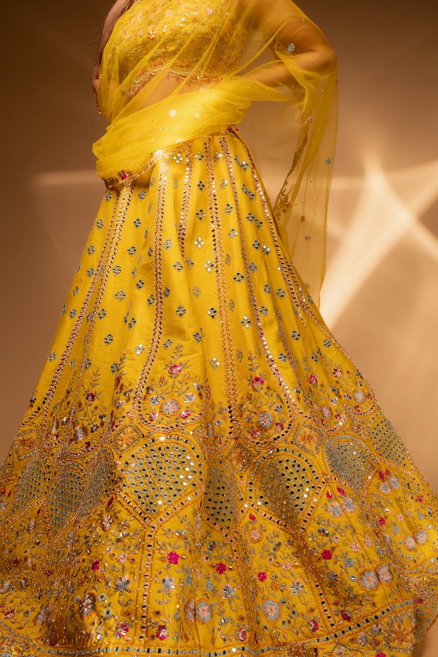 Bright Yellow Mirror-Work Lehenga Choli with Heavy Embroidered Detailing