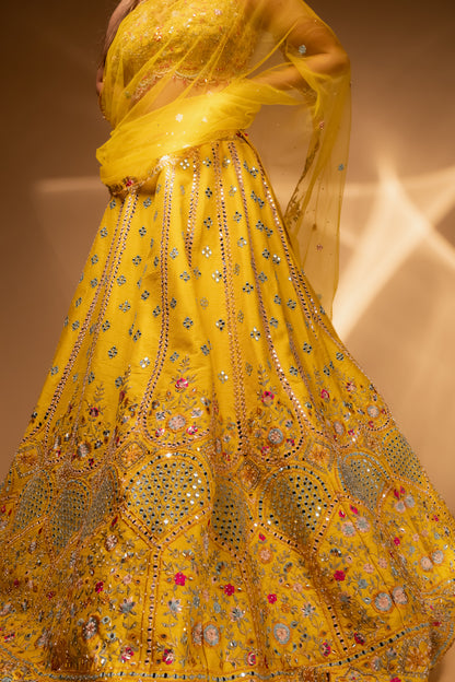 Bright Yellow Mirror-Work Lehenga Choli with Heavy Embroidered Detailing