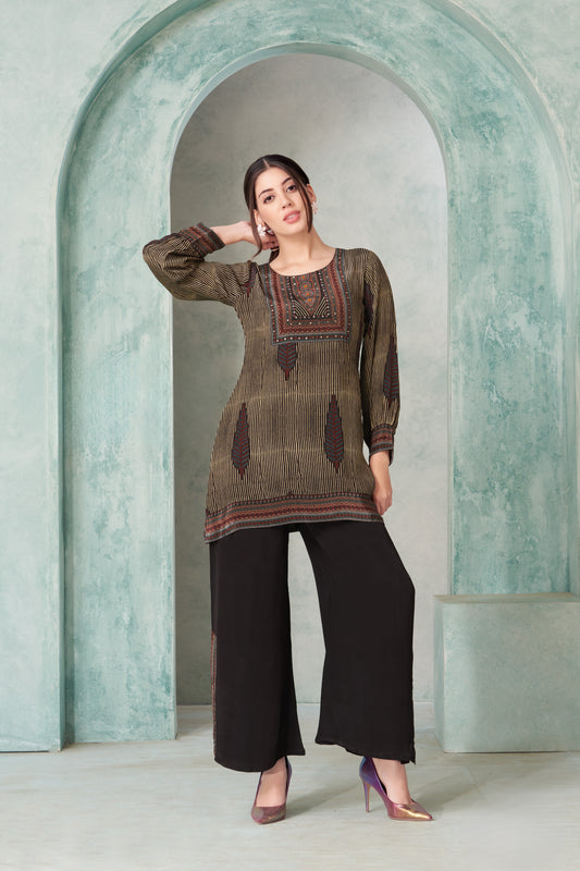 Brown Printed Kurti with Black Palazzo Set
