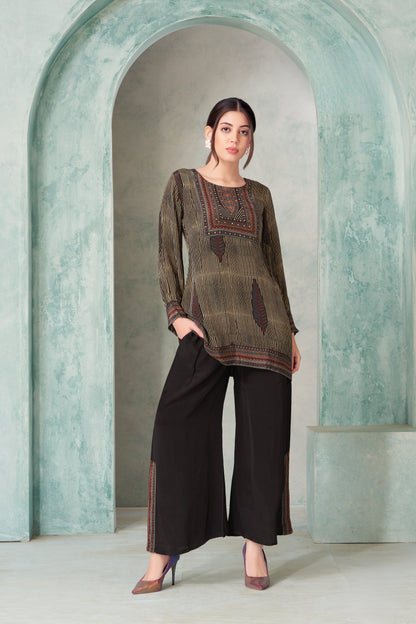 Brown Printed Kurti with Black Palazzo Set