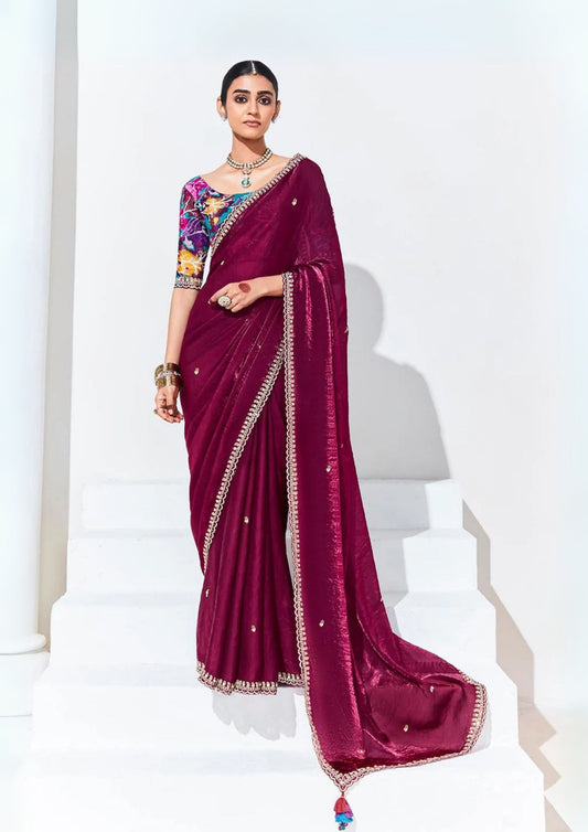Burgundy Sequins-Embroidered Organza Saree
