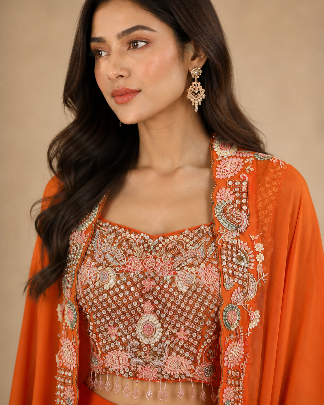 Burnt Orange Sequins & Threadwork Embroidered Blouse with Tassel Detailing