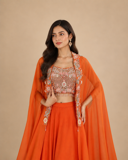Burnt Orange Sequins & Threadwork Embroidered Blouse with Tassel Detailing