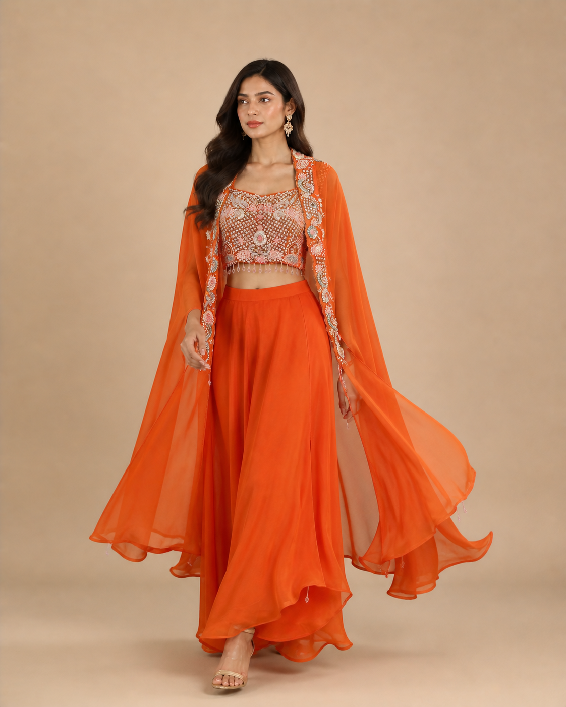 Burnt Orange Sequins & Threadwork Embroidered Blouse with Tassel Detailing
