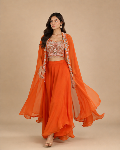 Burnt Orange Sequins & Threadwork Embroidered Blouse with Tassel Detailing