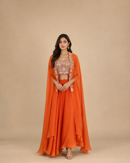 Burnt Orange Sequins & Threadwork Embroidered Blouse with Tassel Detailing