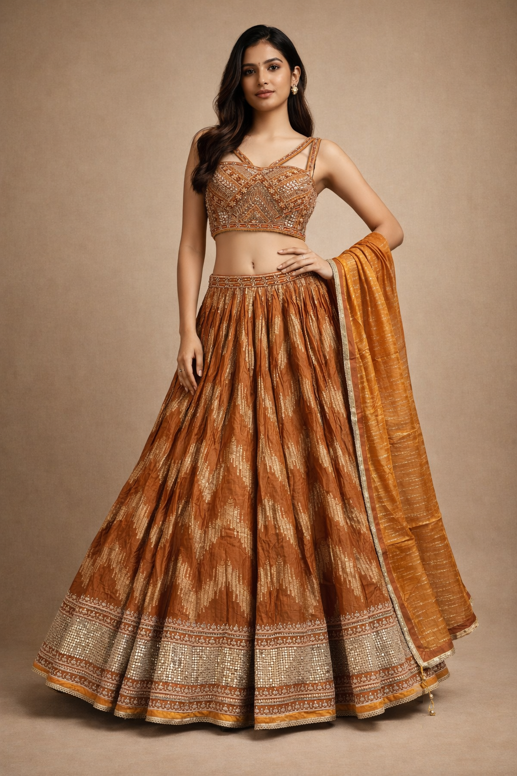 Burnt Orange and Gold Embroidered Designer Lehenga Choli with Silk Dupatta