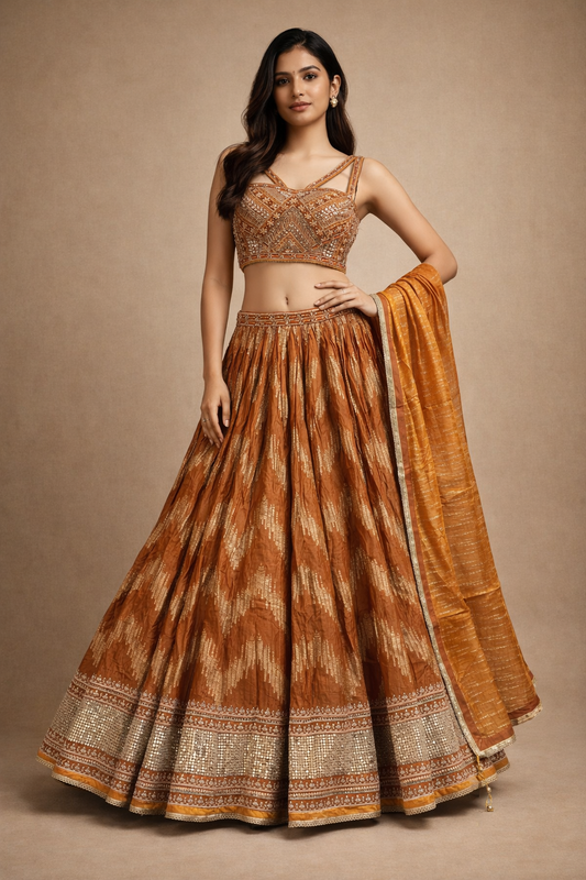Burnt Orange and Gold Embroidered Designer Lehenga Choli with Silk Dupatta