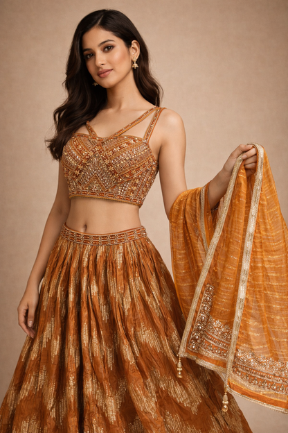 Burnt Orange and Gold Embroidered Designer Lehenga Choli with Silk Dupatta