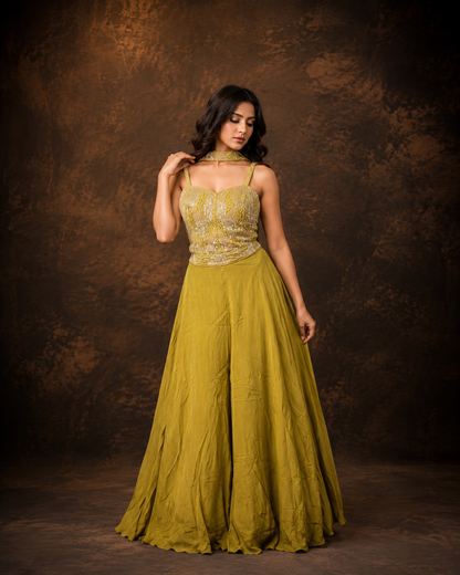 Olive Green Embroidered Corset Style Palazzo Set with Sequin and Bead Work Dupatt
