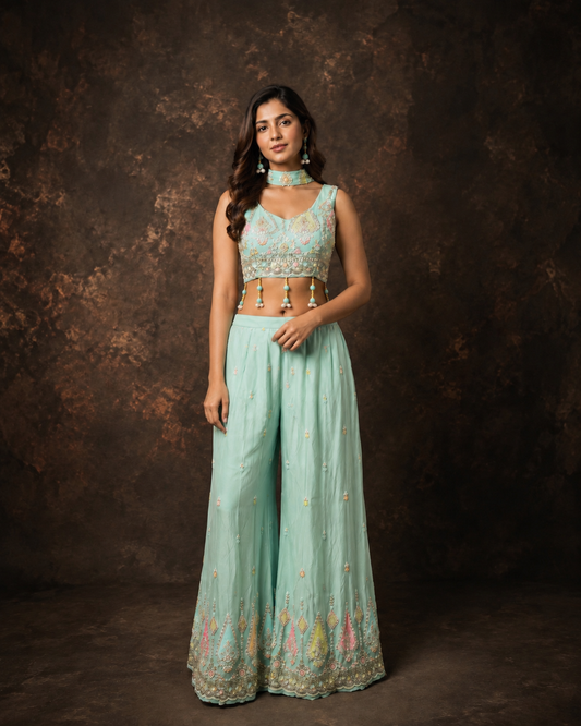 Mint Green Embroidered Crop Top with Choker and Flared Palazzo Set