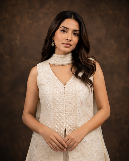 Off White Embroidered Front Open Jacket Style Palazzo Set
