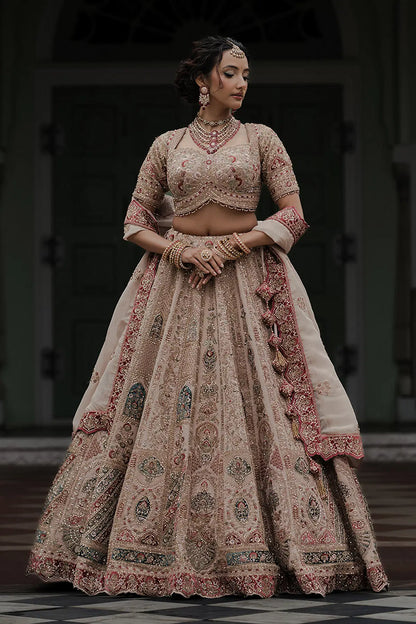 Caramel Resham Embroidered Silk Bridal Lehenga with Organza Dupatta