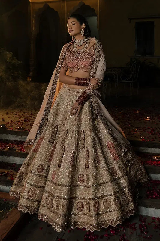 Caramel Sequins Embroidered Silk Bridal Lehenga