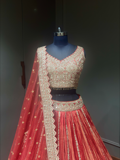 Carrot Orange Zari Embroidered Festive Lehenga Choli