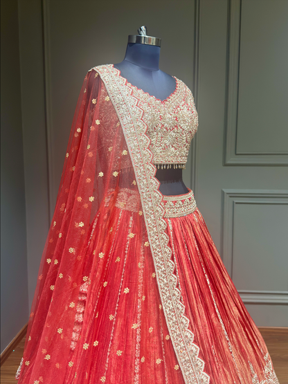 Carrot Orange Zari Embroidered Festive Lehenga Choli